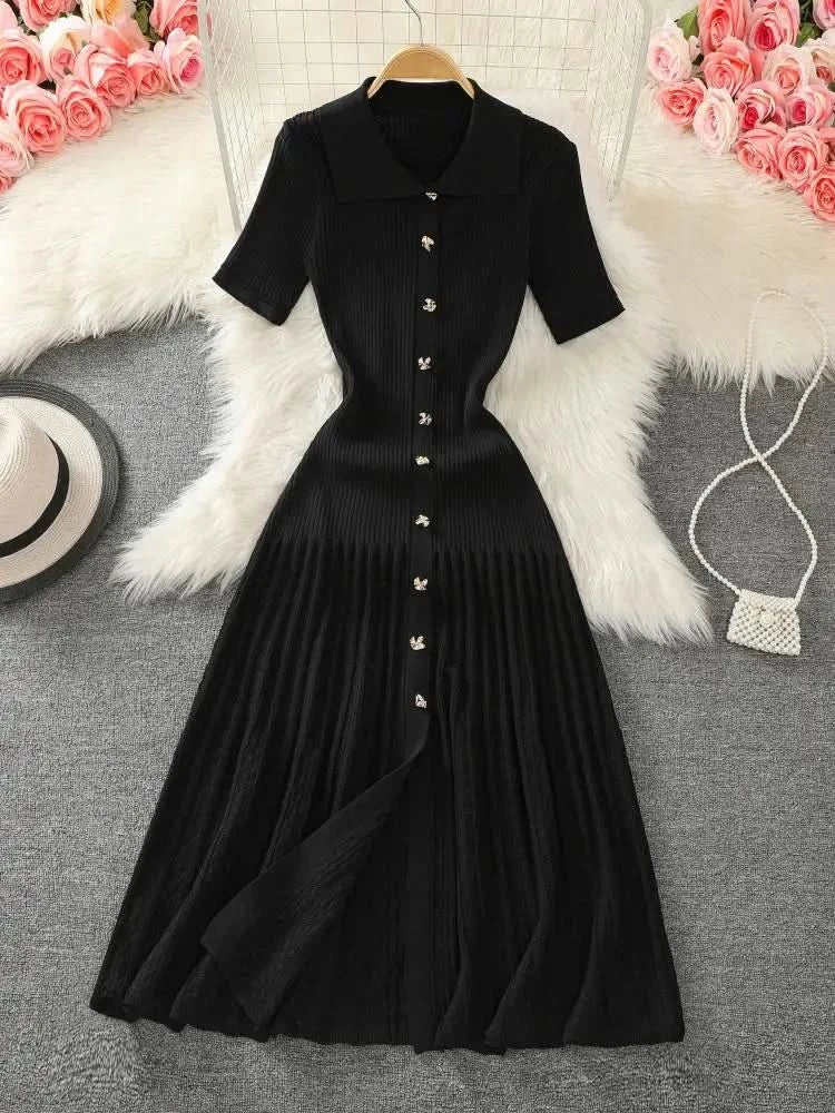 Summer 2024 New Women's Black Beige Single Breasted Knitted Long Dress Green Elegant Office Lady Short Sleeve Pleated Dress Chic - M & M Global