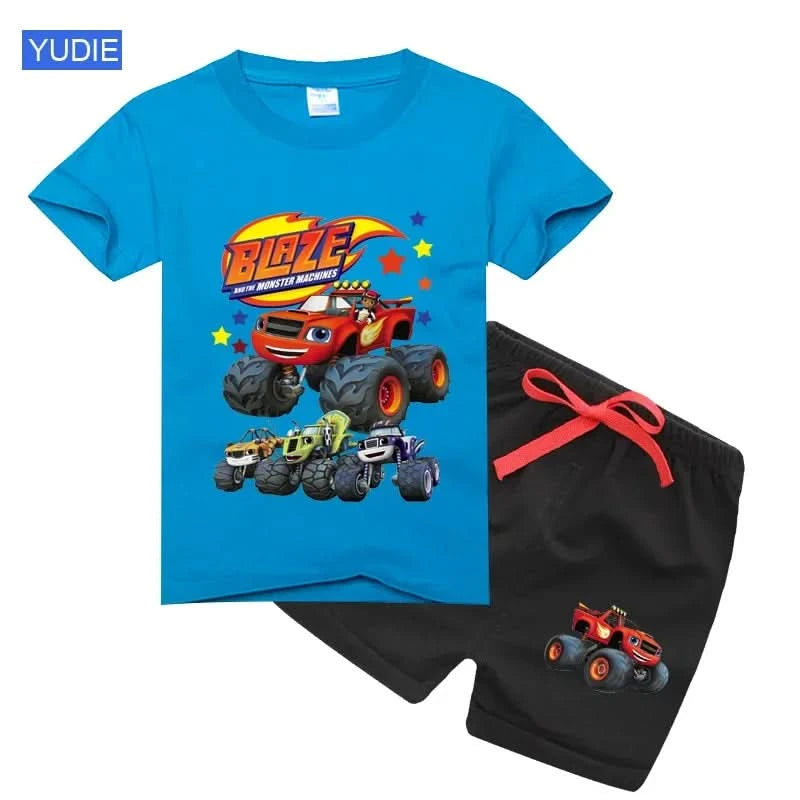 2025 Summer Baby Boy Clothes Set Cartoon Blazing Speed Cars Monster Machines Children Girl Short Sleeve T Shirt+Shorts 2PCS Suit - M & M Global