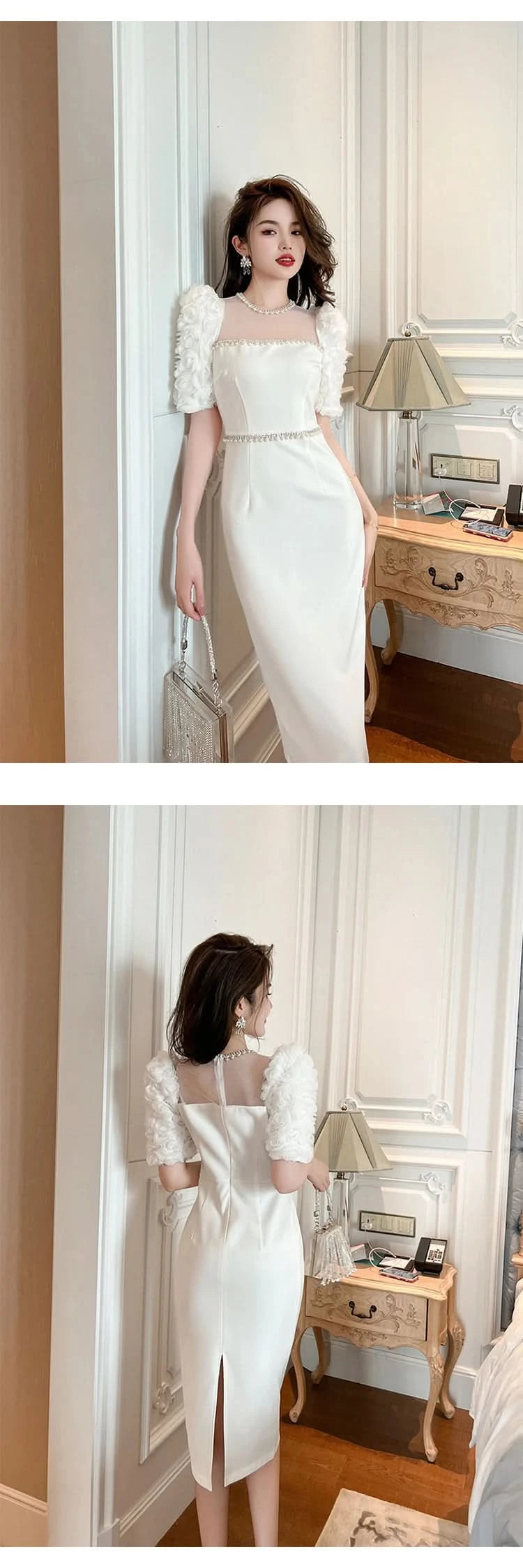 Fashion Elegant Formal Dresses Sweet Celebrity Beaded White Long Dress Sheer Mesh Flowers Split Robe Femme Prom Party Vestidos - M & M Global