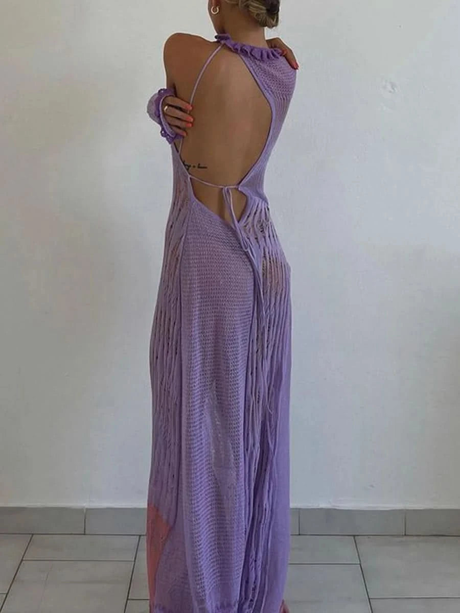Women Sexy Y2k One Shoulder Long Sleeve Crochet Knit Long Dress Summer Beach See Through Party Grunge Club Cover Up Outfits - M & M Global
