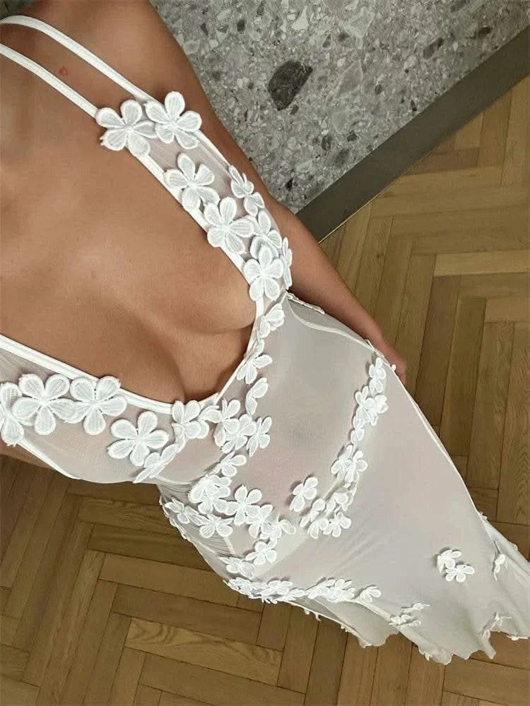 CHRONSTYLE Flowers Long Dress for Women Sexy Sleeveless Strap Dress High Split Backless Mesh See Through Vestidos Party Clubwear - M & M Global