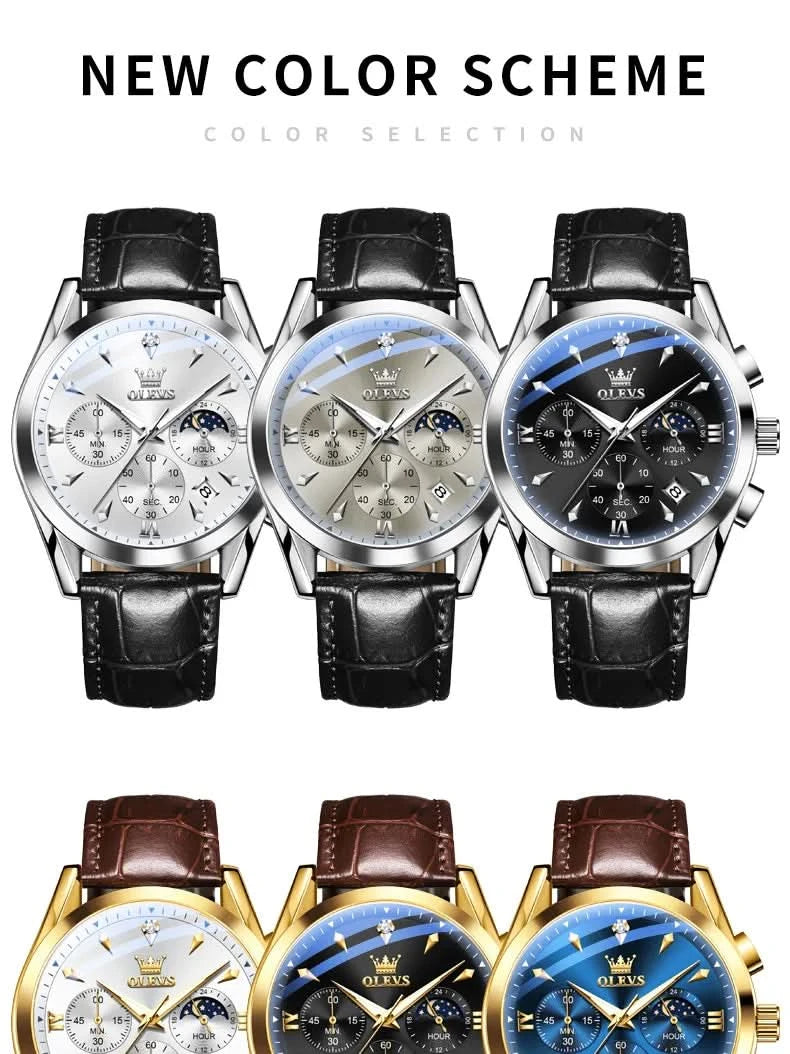 OLEVS Original Watch Leather Strap Moon Phase Luminous Quartz Watches for Man Waterproof Calendar Business Trend Wristwatch - M & M Global