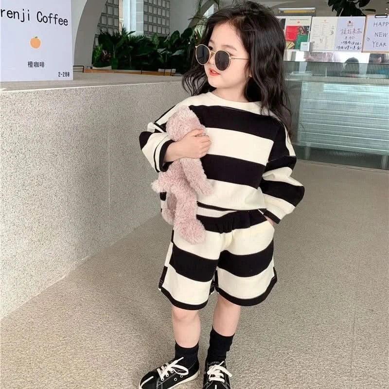 Baby Girl Boy Cotton Striped Clothes Set Hoodie and Shorts 2pcs Infant Toddler Child Tracksuit Spring Autumn Summer 1-7Y - M & M Global