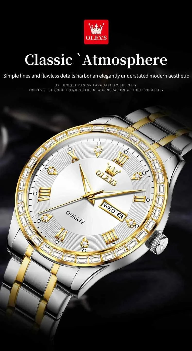 OLEVS 9906 Quartz Men's Watch Classic Fashion Men's Business Waterproof Stainless Steel Diamond dial Top Luxury Brand Men Watch - M & M Global