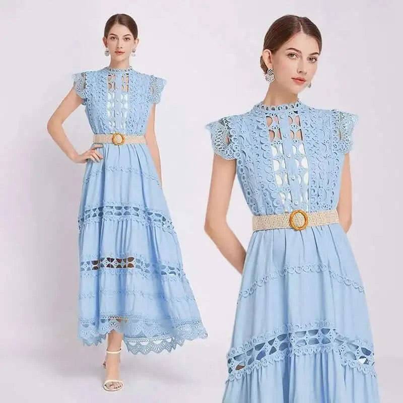JAMERARY Designer New Summer Holiday White Embroidery Cotton Long Dress Women Sleeveless Midi Prom Evening Dresses Party Robe - M & M Global