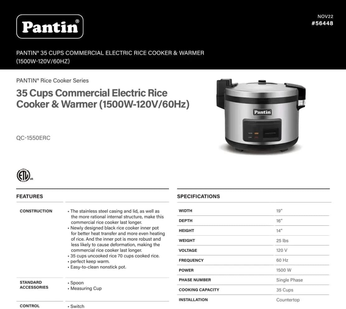 Commercial Rice Cooker Large Capacity Rice Cooker & Rice Warmer - Extra Large Rice Cooker 35 Cups Raw / 70 Cups Cooked Big Rice - M & M Global