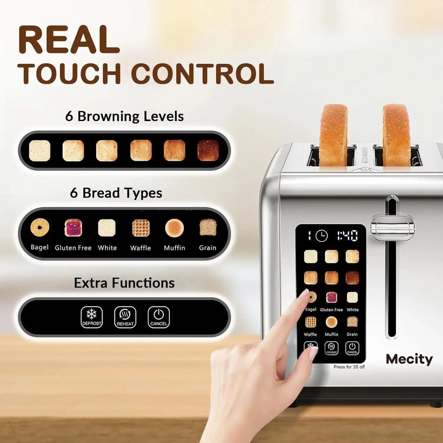 2 Slice Toaster Touch Screen 1.5" Wide Slot, Stainless Steel Smart Bread Toaster for Bagel Muffin Waffle Gluten Free Breads, Tim - M & M Global