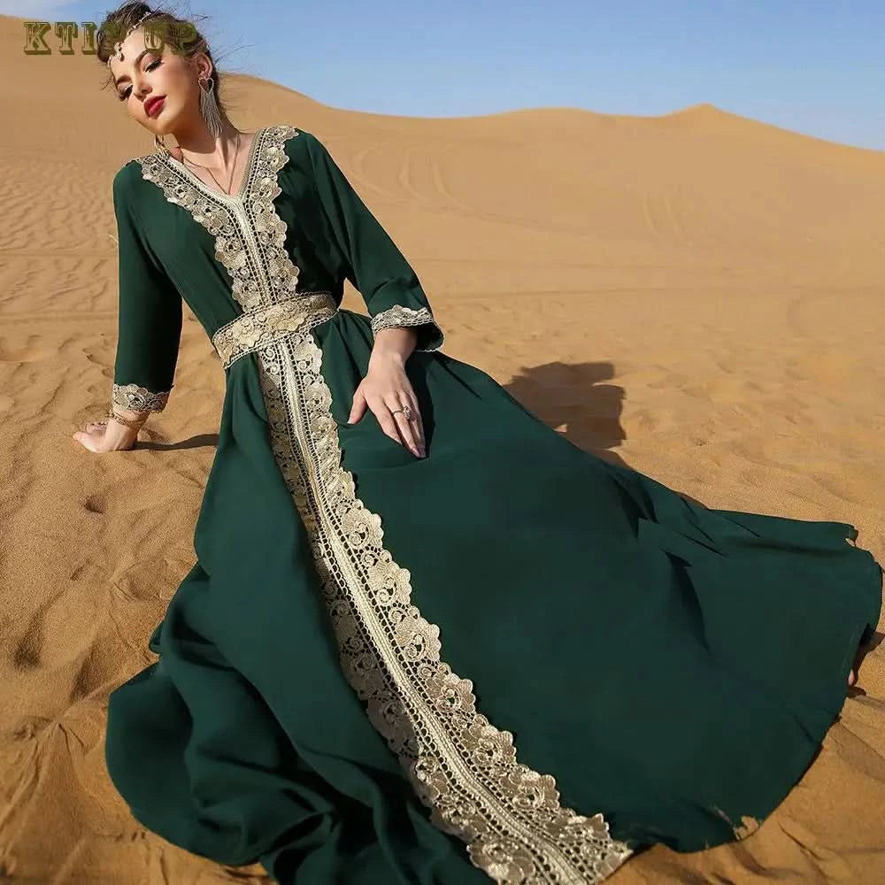 Ramadan Luxury Muslim Fashion Bat Sleeve Moroccan Turkiye Dubai Dress Middle East Arab Dress Sequins Golden Velvet Long Dress - M & M Global