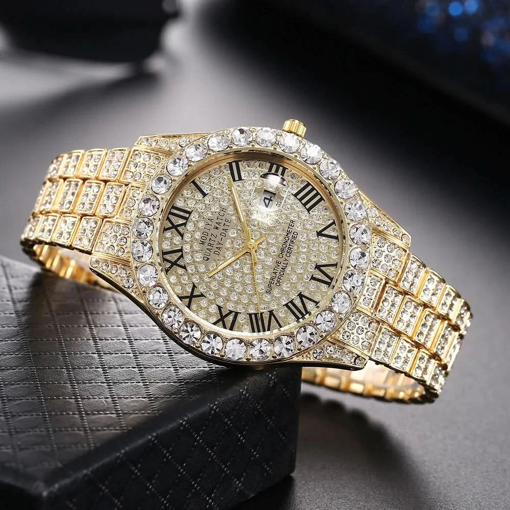 Hip Hop Iced Out Men Watch Full AAA Rhinestone Around Luxury Quartz Watches Round Clock Unisex Wrist Watch Gift For Boyfriend - M & M Global