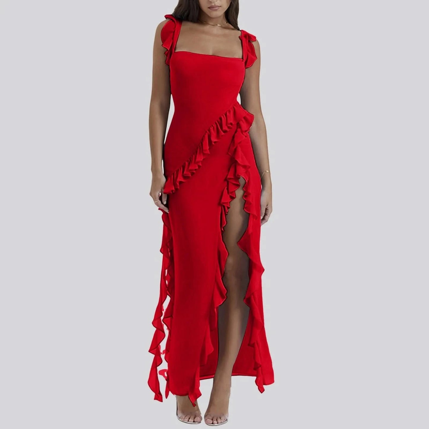 Elegant High Slit Streamer Ladies Dress Sexy Square Neck Slip Dresses Hot Girl Style Long Dress Ruffle Irregular Party Dresses - M & M Global
