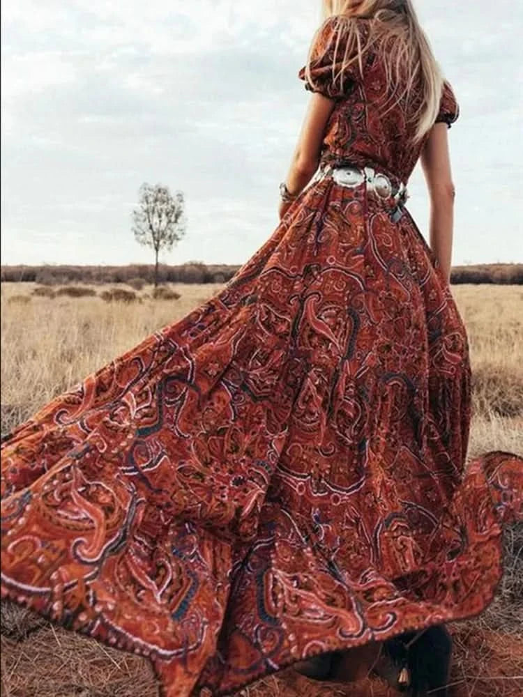 TEELYNN boho long dress Vintage 2023 floral print Chiffon three quarter sleeve v-neck summer Gypsy Hippie women dresses vestidos - M & M Global