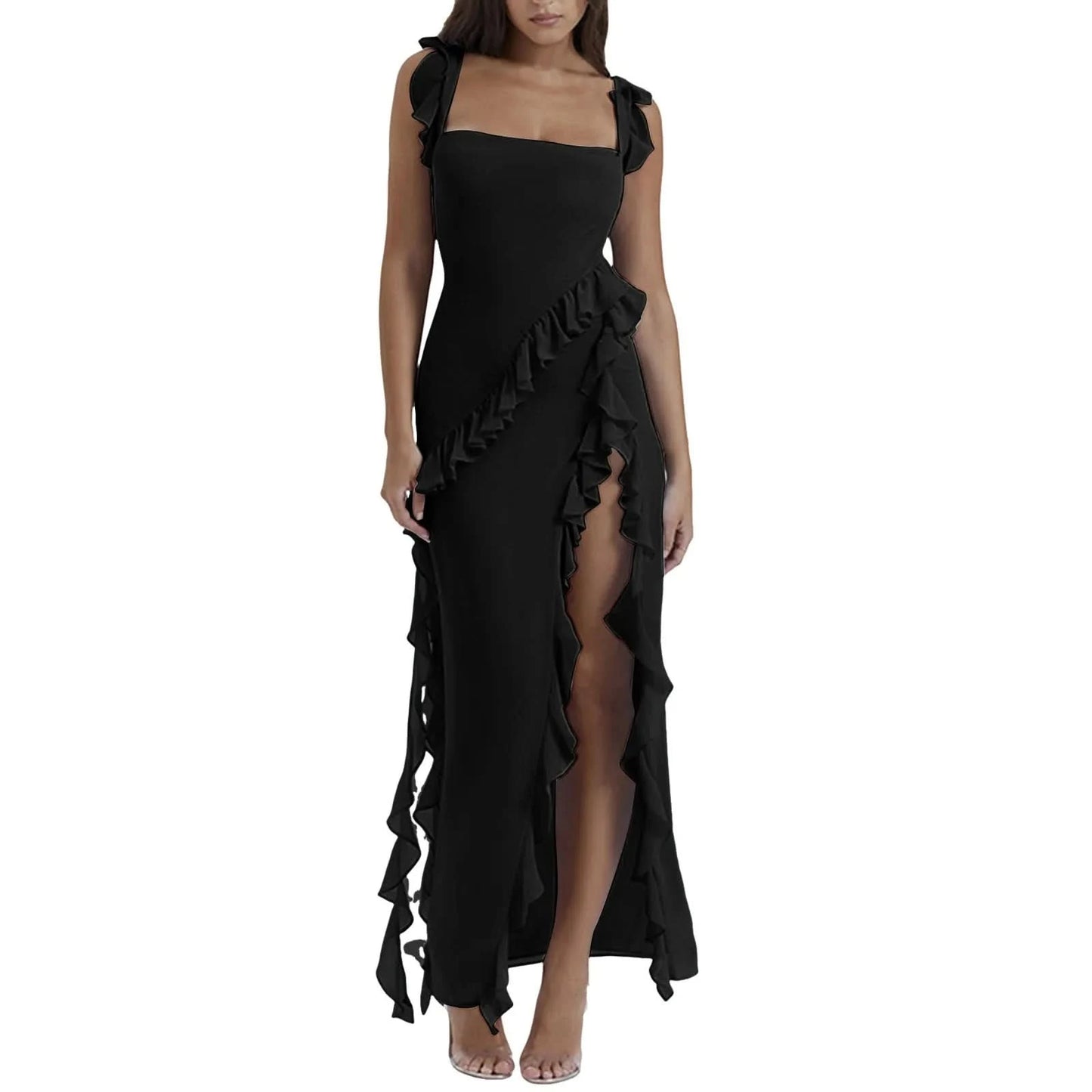 Elegant High Slit Streamer Ladies Dress Sexy Square Neck Slip Dresses Hot Girl Style Long Dress Ruffle Irregular Party Dresses - M & M Global