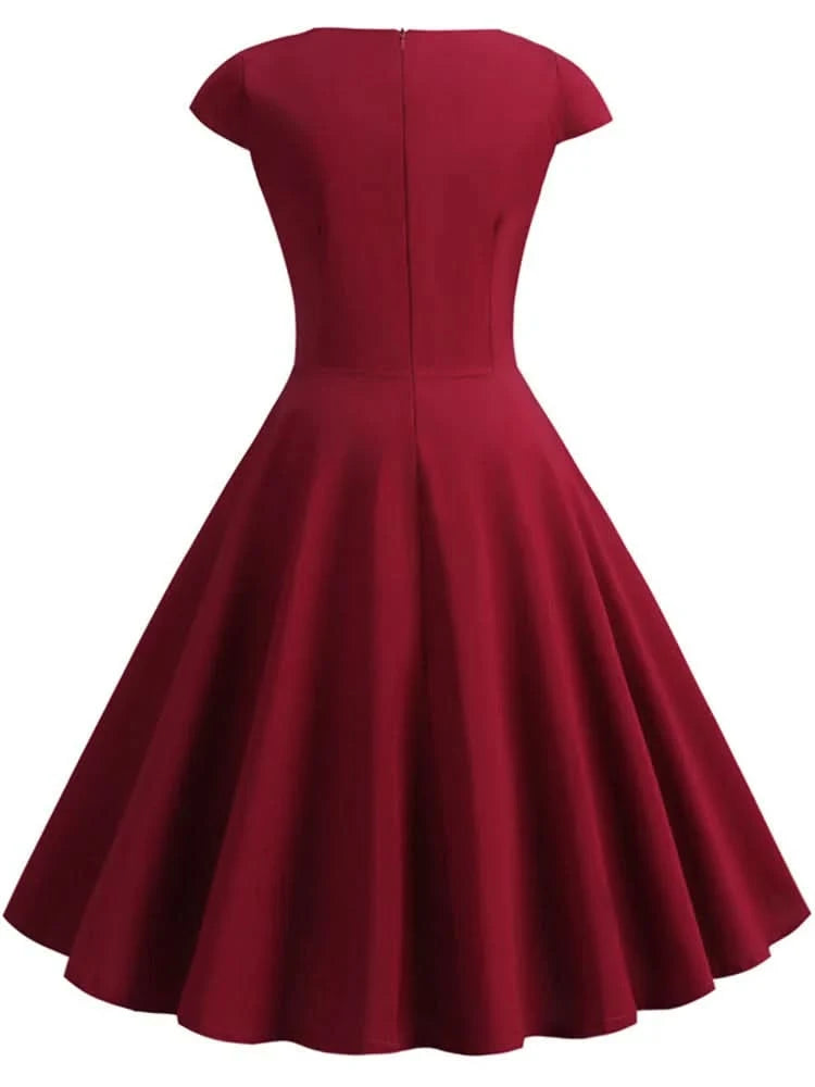 Pink Summer Dress Women V Neck Vintage Robe Elegant Retro pin up Party Office Midi Dresses - M & M Global