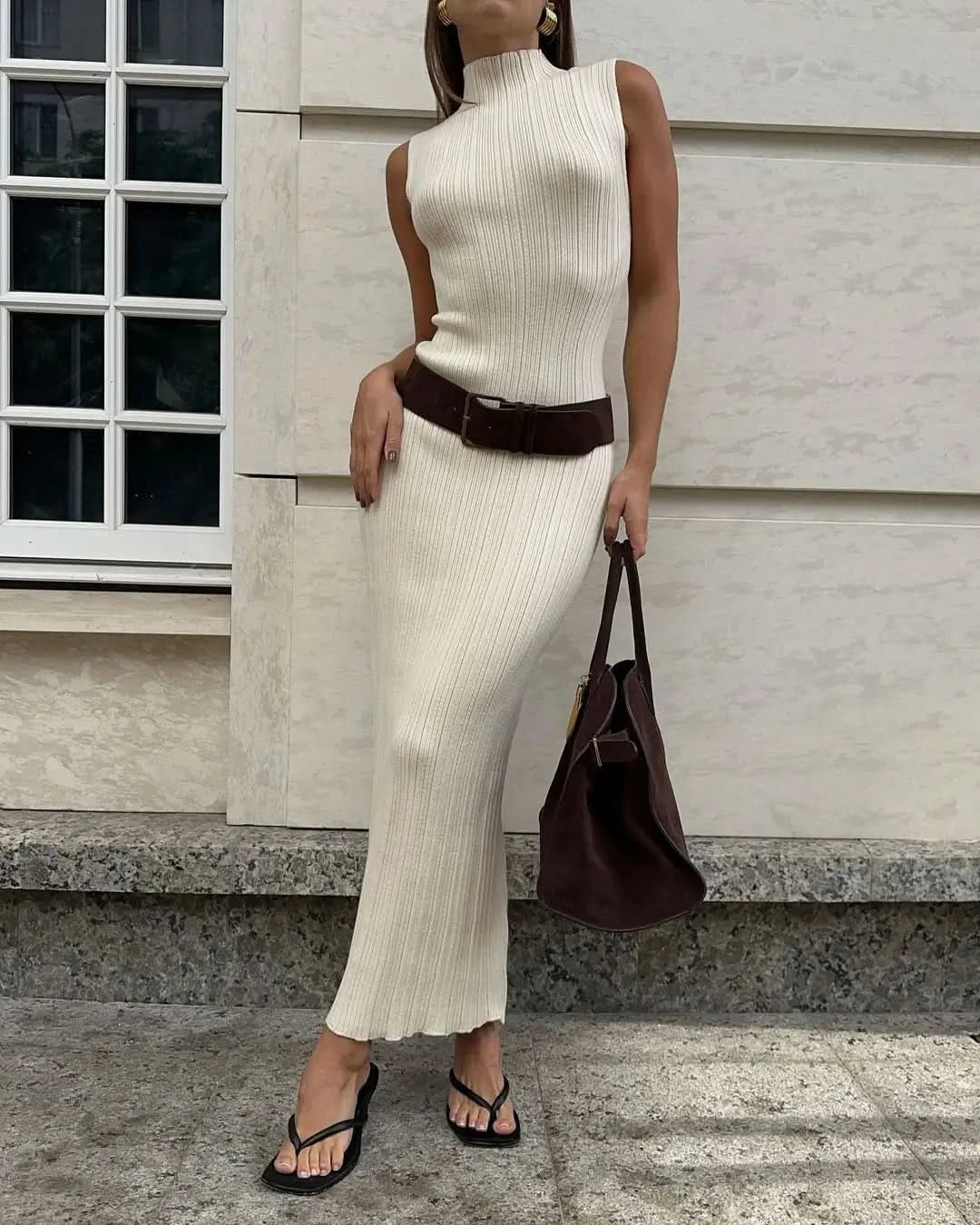 Tossy Sleeveless Knitwear Turtleneck Long Dress Female Slim Elegant Fashion Autumn 2023 Ribbed Knit Dress For Women Maxi Dress - M & M Global