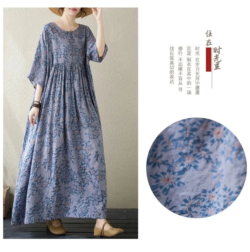 Oversized Summer Long Dress Women Floral Print Fashion Short Sleeve Ladies Dresses Casual Loose Ruffle Pleated Woman New Dress - M & M Global