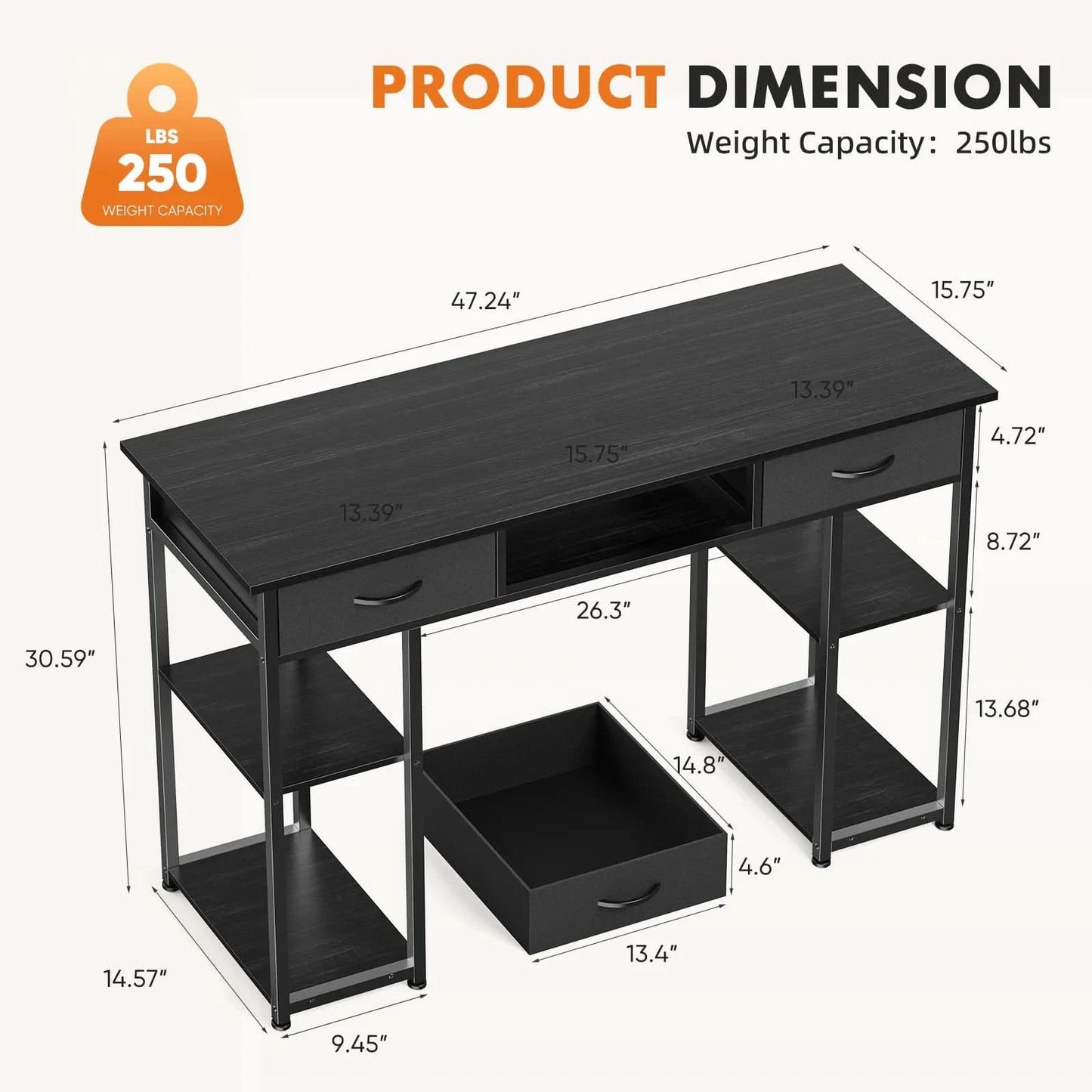 JHK 48 Inch Double Deck Shelving Office Computer Desk with Pull-out Fabric Storage Drawers Metal Frame Adjustable Feet Table 