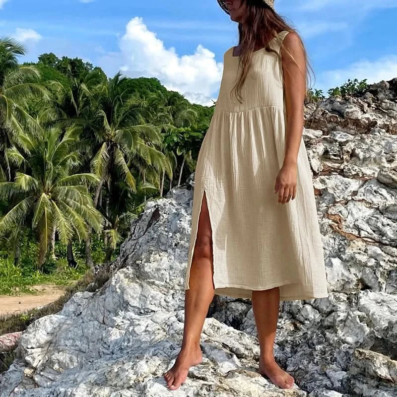 Newly 100% Cotton Gauze Dress For Women 2023 Square Collar Sleeveless Open Side Long Dress Summer Comfortable Beach Outfit - M & M Global