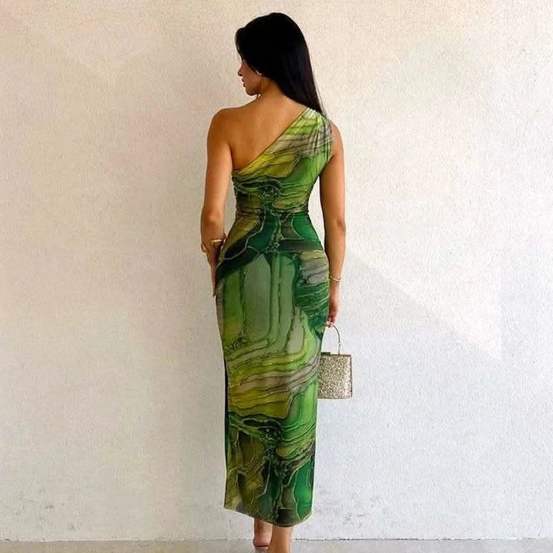 CUTENOVA Sexy Slash Collar Gradient Print Long Dress Summer Chic One-Shoulder Backless Party Dresses Sleeveless Hollow Slim Fit - M & M Global