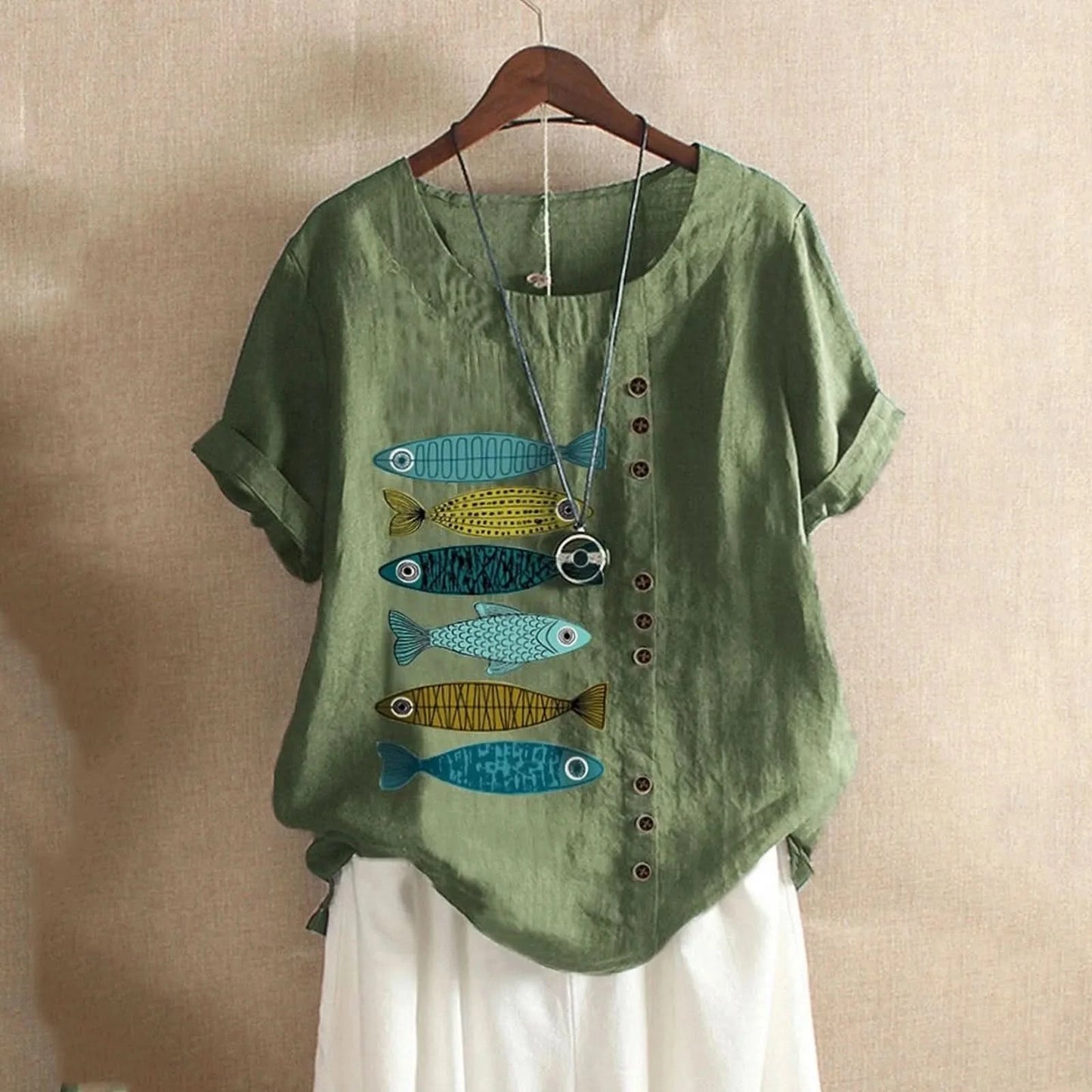 Women Casual Top Boho Short Button Sleeve Loose Blouse Print Fish Shirt Women'S Blouse Casual Cotton And Linen Top Top Mujer - M & M Global