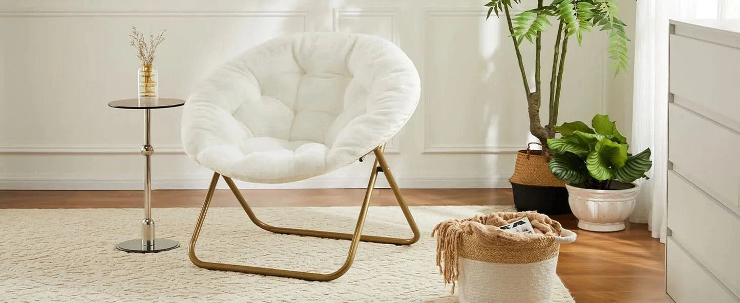 JHK Cozy Saucer Chairs Faux Fur For Living Room Folding Thick Padded Seat Metal Frame X-Large Reading Lounge Furniture