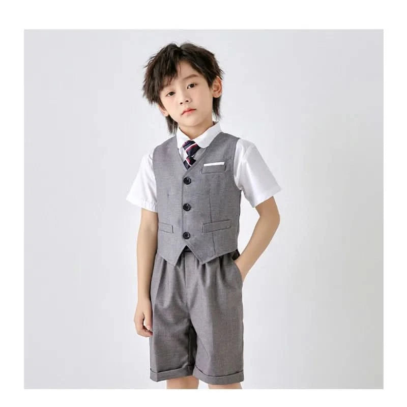 6PCS Summer Kids Weddding Suit Outfit Set Formal Elegant Suit for Kid Boy Kids Shirt Vest Shorts Socks Tie Sticker Clothing Suit - M & M Global