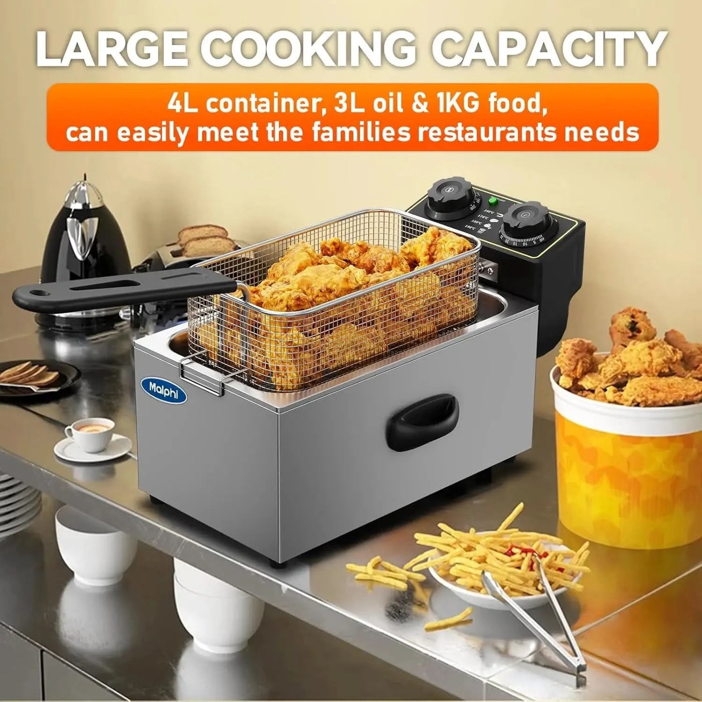 3 Litre Deep Fat Fryer Adjustable Temperature, Chip Pans - Basket & Lid - Fast 2000w High Power, Electric Oil Pot - Overheat Pro - M & M Global