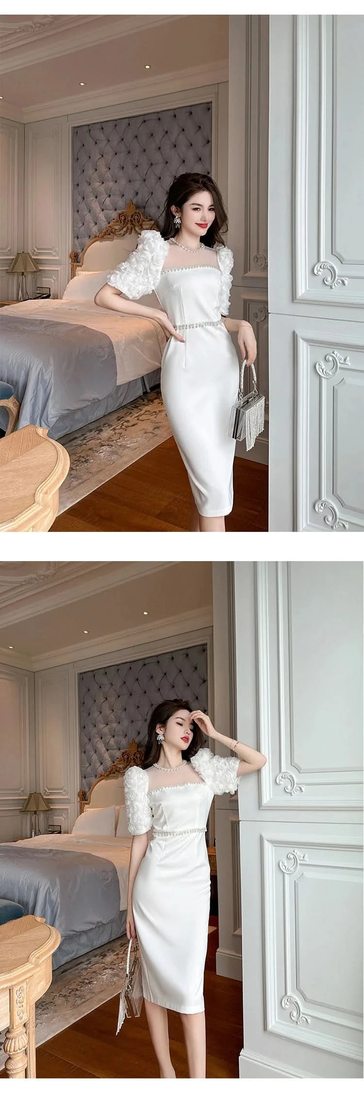Fashion Elegant Formal Dresses Sweet Celebrity Beaded White Long Dress Sheer Mesh Flowers Split Robe Femme Prom Party Vestidos - M & M Global