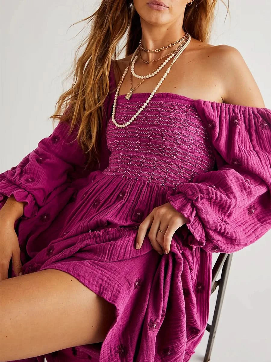 Women's Flower Embroidered Long Dress Bodycon Lantern Sleeve Square Neck Tiered Flowy Dress Bohemian Summer Beachwear Dresses - M & M Global