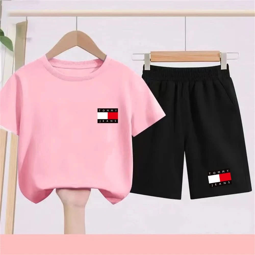 Kids Short sleeve Fashion T-shirt Boys Girls Toddler 3-12Yrs Tops and bottom Sunshine Casual Set outdoor sport black Clothes - M & M Global