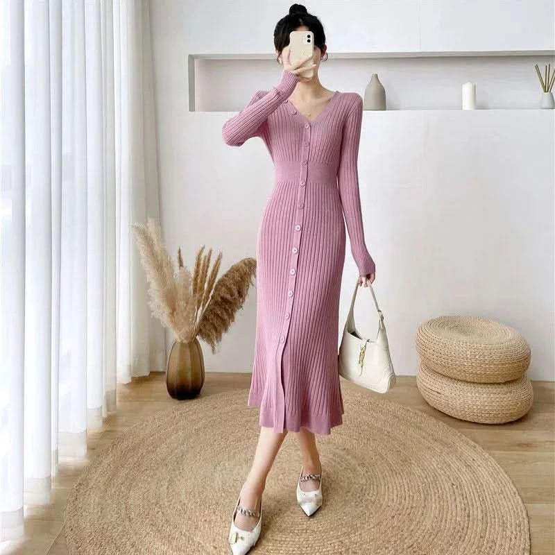Lucyever Elegant Knitted Long Dress for Women Korean Chic Buttons Slim Fit Midi Dresses Female Streetwear V Neck Party Vestidos - M & M Global