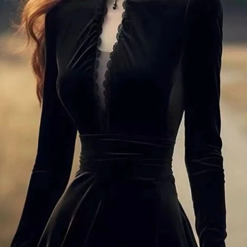 OCEANLOVE Autumn Winter Dresses for Women Hepburn Style Vintage Solid Black Vestidos Mujer Stand Collar Elegant Long Dress - M & M Global