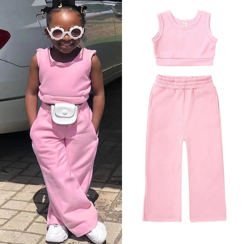 Fashion Kids Little Girls Clothing 2 Pieces Sets Cotton Solid Casual T-shirt+Elastic Waist Pants Young Children Outfits 1-6Y - M & M Global