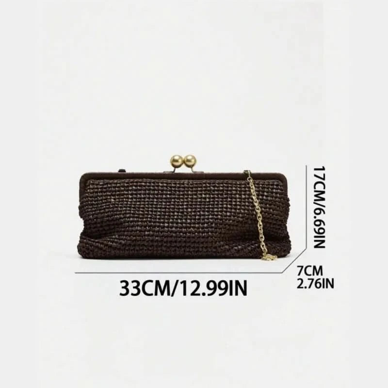New Handwoven Raffia Shoulder Bag, Women's Staw Crossbody Bag Vacation Clip Bag Clutchs, Summer Luxury Design Baguette Bag - M & M Global