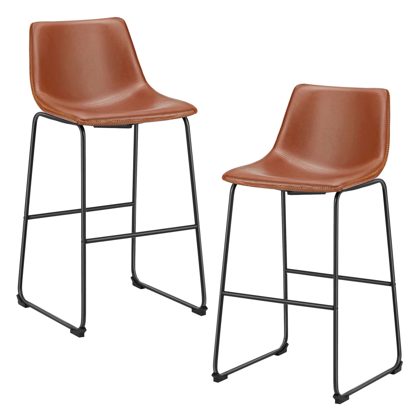 JHK Leather Modern Bar Bench 2-piece Set Armless Metal Leg Brown Bar Bench with Backrest Home Chair Living Room Furniture