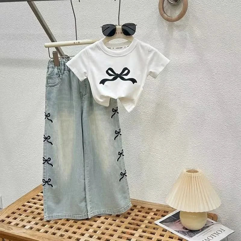Girls Summer Thin Set Teenage Girls Wide Leg Jeans T-shirt 2-piece Summer Children's Clothing Set - M & M Global