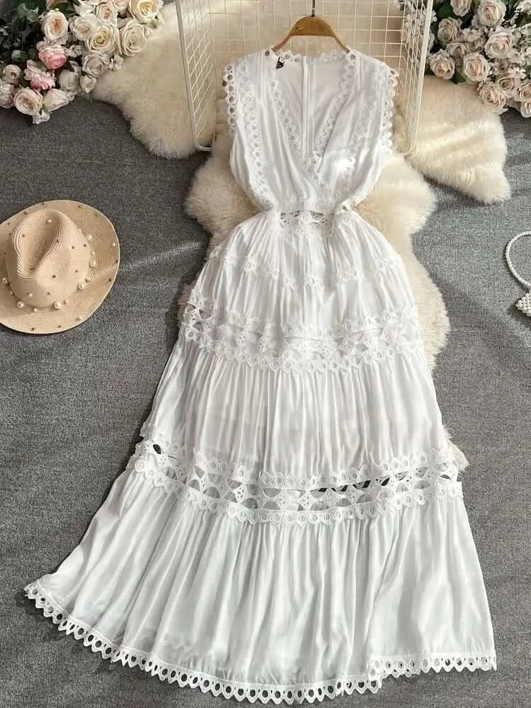 JAMERARY Designer New Summer Holiday White Embroidery Cotton Long Dress Women Sleeveless Midi Prom Evening Dresses Party Robe - M & M Global