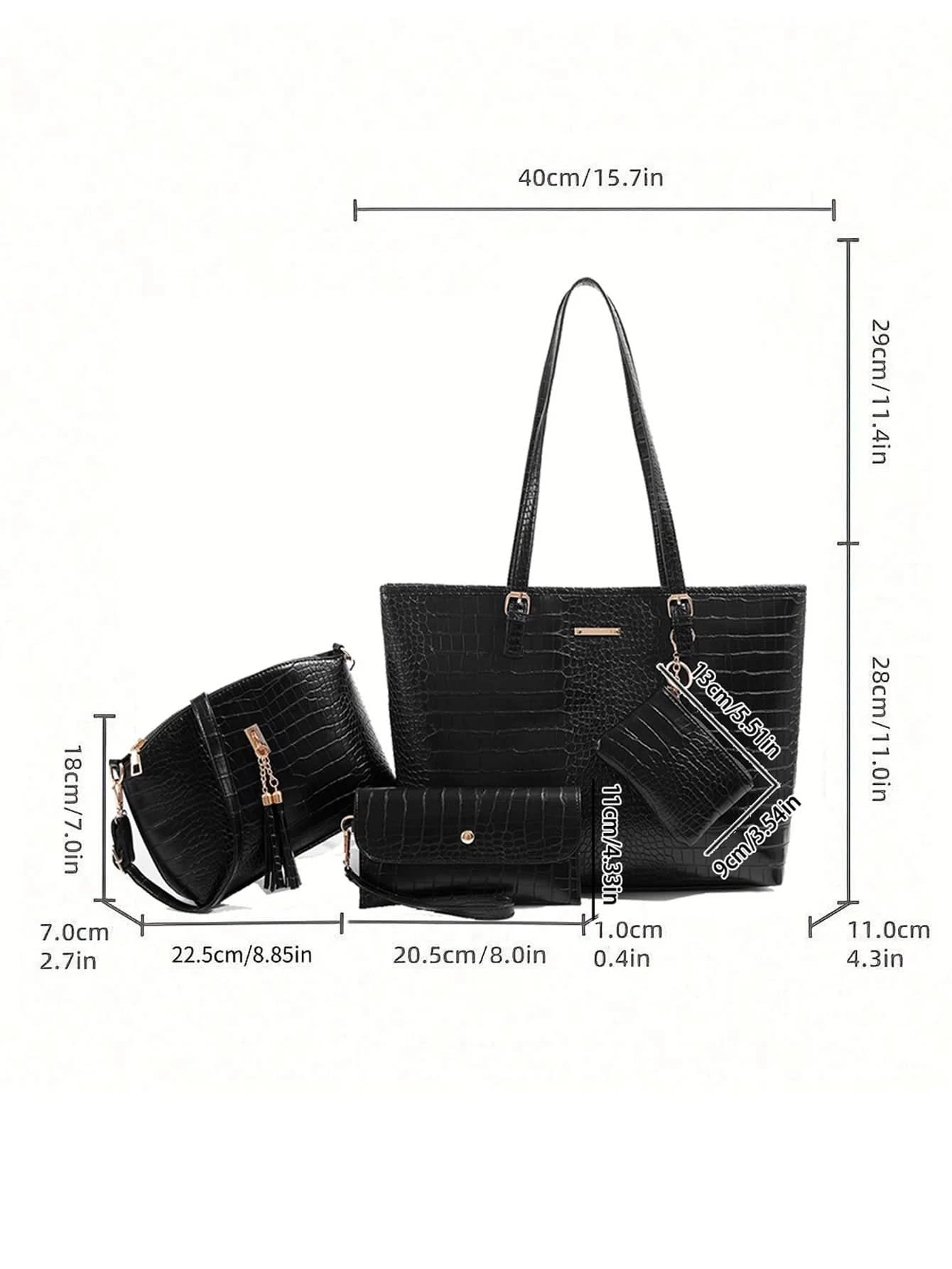 Europe and the United States new large capacity bag solid color four-piece cross-grain Tote bag retro single shoulder crossbody - M & M Global