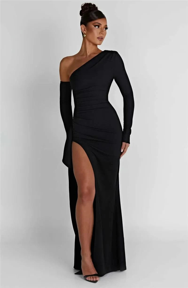 Mozision Oblique Shoulder Thigh High Split Maxi Dress Women Long Sleeve Backless Bodycon Sexy Club Party Long Dress Vestidos - M & M Global