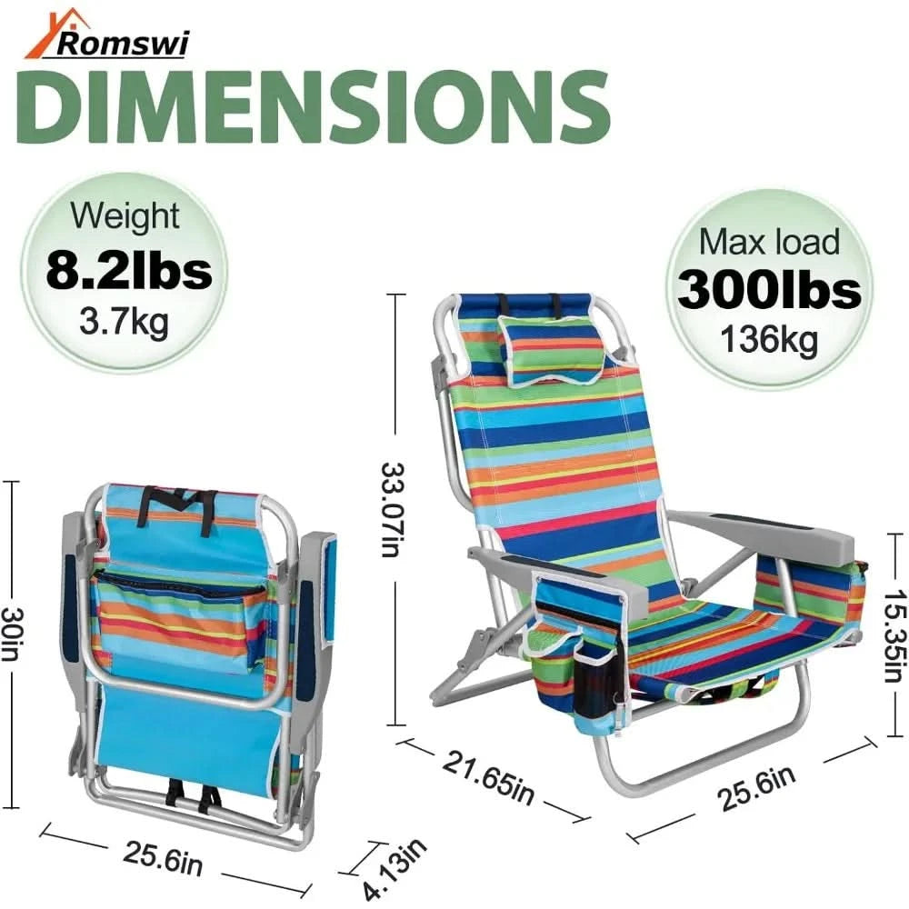 Beach Chairs 5 Position, 2 Pack Portable Folding Backpack Beach Chair Heavy Duty with Cooler Bag, Cup Holder for Outdoor Lawn P