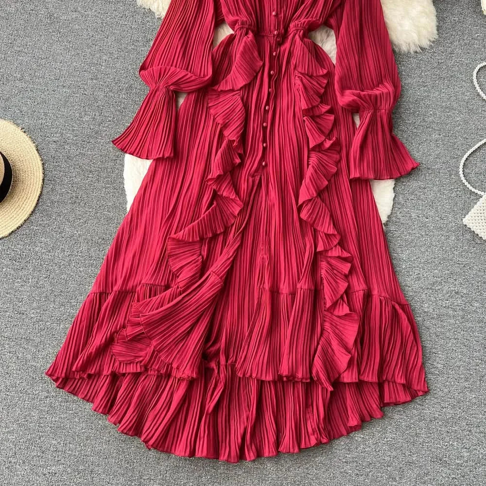 Purple/Brown/Red Chiffon Pleated Long Dress Women Vintage V-Neck Flare Sleeve Draped Ruffle Vestido Female Maxi Robe Spring Fall - M & M Global