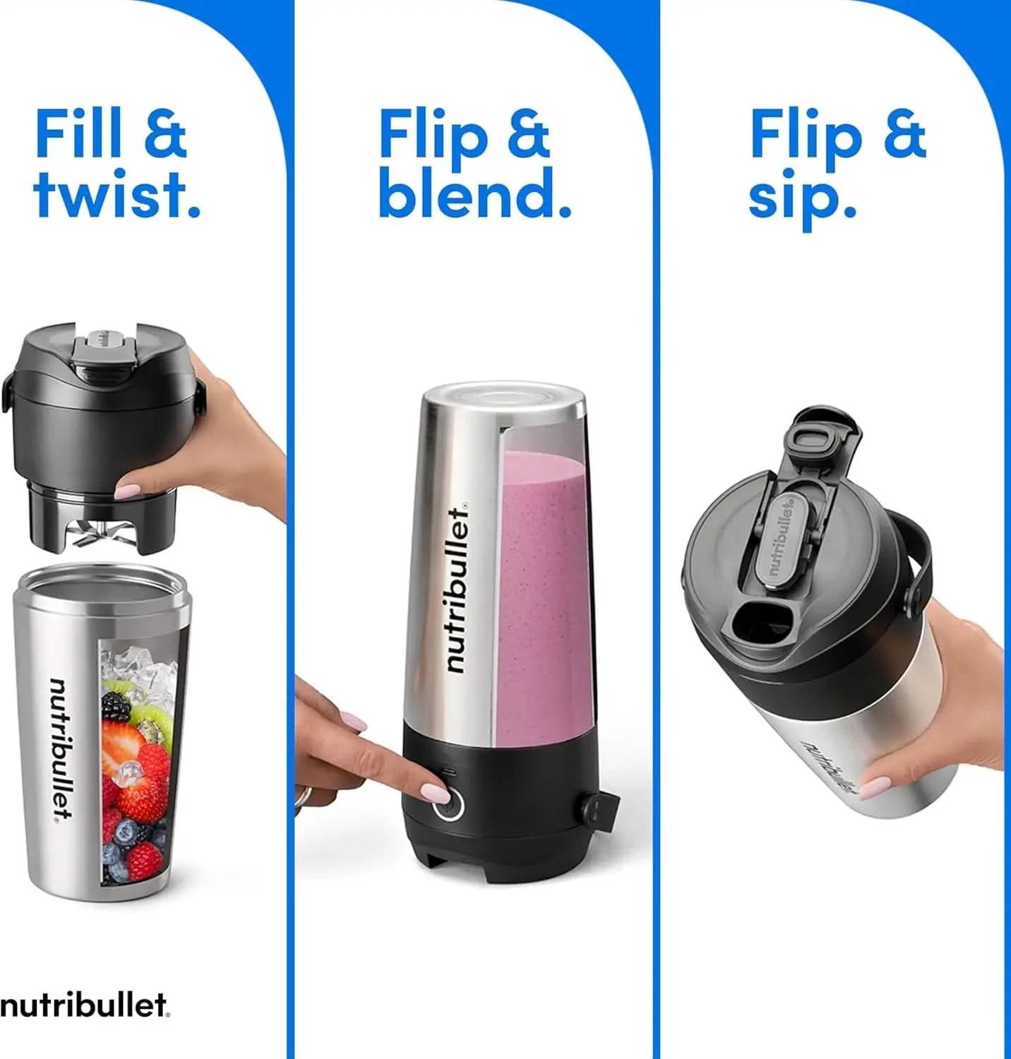 Flip Portable Blender with Insulated Cup, Cordless, Brushed Stainless, NBPB50350SS - M & M Global