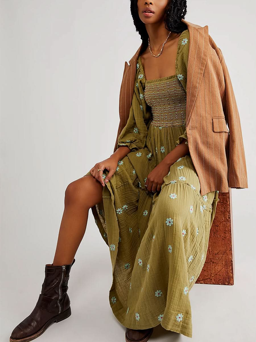 Women's Flower Embroidered Long Dress Bodycon Lantern Sleeve Square Neck Tiered Flowy Dress Bohemian Summer Beachwear Dresses - M & M Global