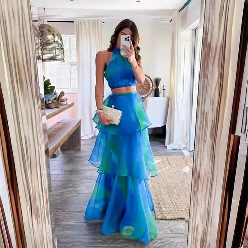 Spring Printed Hollow Boho Long Dress Women Elegant Tunic Mesh Lace Cake Party Dress Summer Halter Sleeveless Holiday Maxi Dress - M & M Global