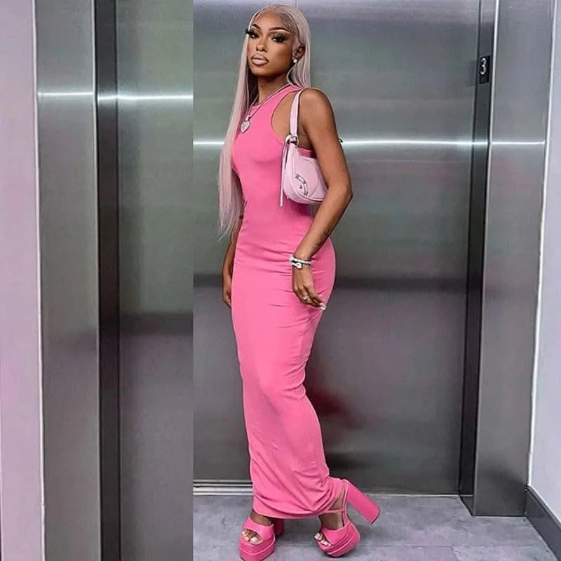 Dulzura Women Fashion 2024 Autumn Sleeveless Club Streetwear Bodycon Pink Pencil Long Dress Wholesale Items For Business - M & M Global