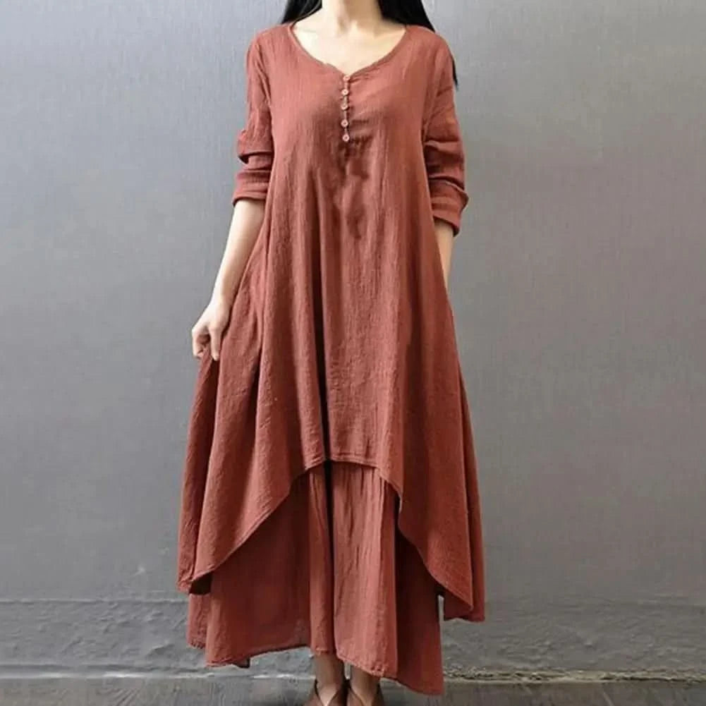 Women Elegant Linen White Dresses Bohemia Layering Vintage Robe Long Sleeve Loose Long Dress Female Autumn Vestidos - M & M Global