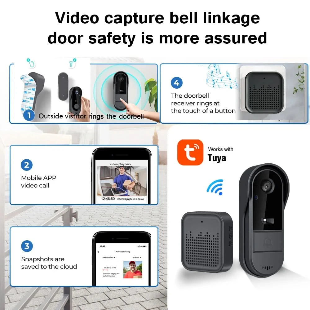 Tuya WiFi doorbell 2-way HD 1080P, microSD/cloud, waterproof, 1000mAh battery, long standby,Wireless Security Camera - M & M Global