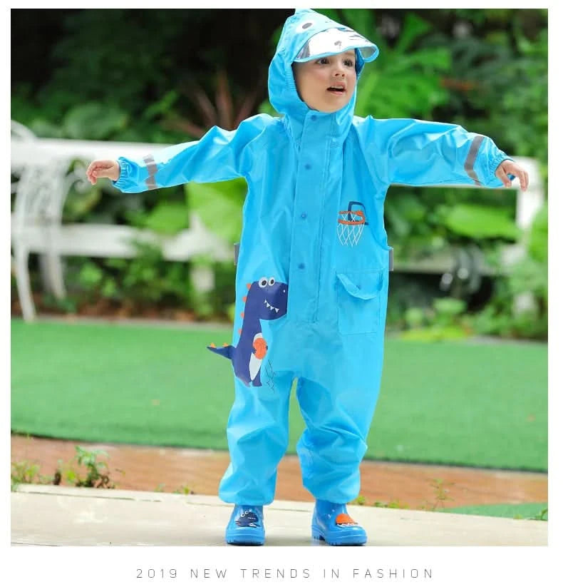 Children Rainwear And Rain Pants Sets Kids Boys Girls Waterproof Jumpsuit Hooded One-Piece Cartoon Dinosaur Waterproof Baby Suit - M & M Global