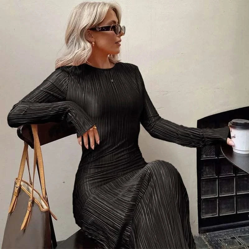 Dulzura Women 2024 Spring Autumn Fashion Long Sleeve Streetwear Bodycon Black Long Dress Wholesale Items For Business - M & M Global