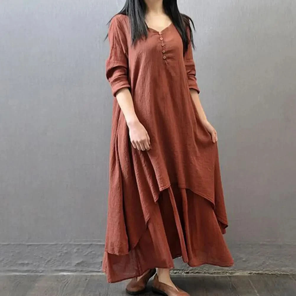 Women Elegant Linen White Dresses Bohemia Layering Vintage Robe Long Sleeve Loose Long Dress Female Autumn Vestidos - M & M Global