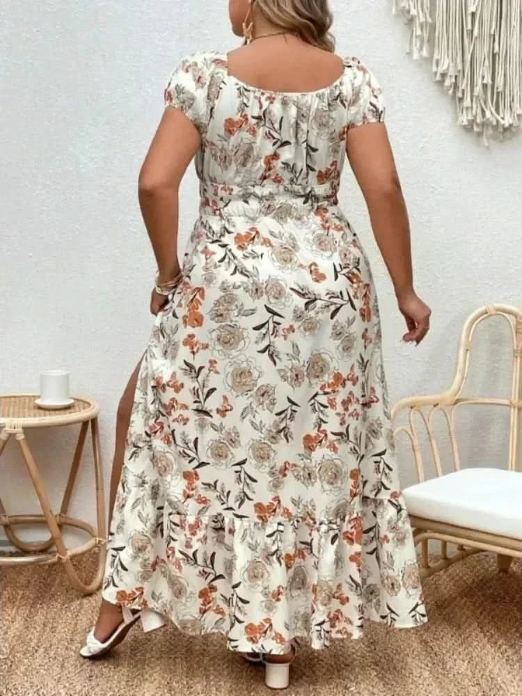 Plus Size Women 1XL-5XL Suitable for Outdoor Flower Casual Long Party Dress Women Fashion Print Loose Summer Dress - M & M Global